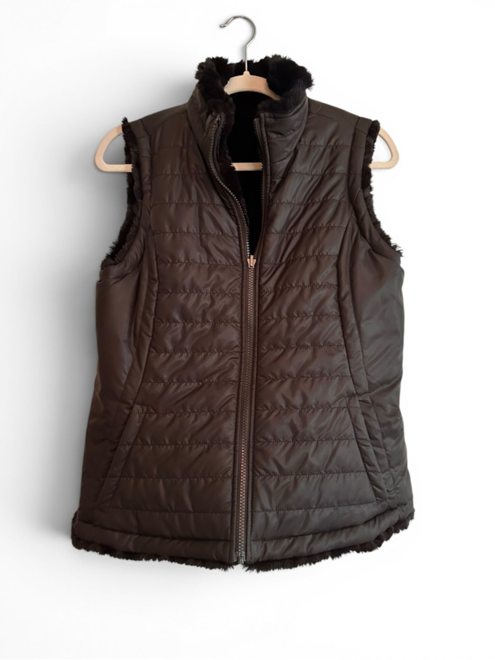Women’s Quilted Reversible Faux Fur Brown Puffer Jacket